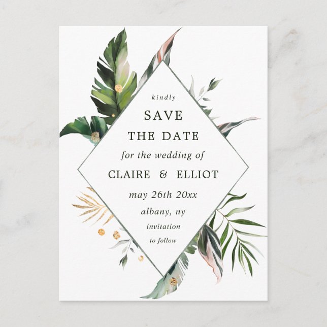 Carte Postale Faire-part Mariage du feuillage tropical Enregistrer la date (Devant)