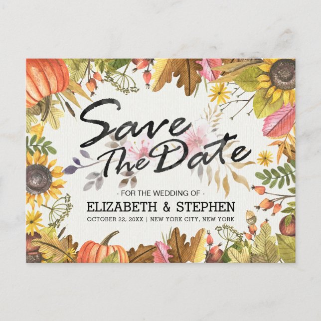 Carte Postale Faire-part Mariage Économisez La Date Automne Feuilles D'auto (Devant)