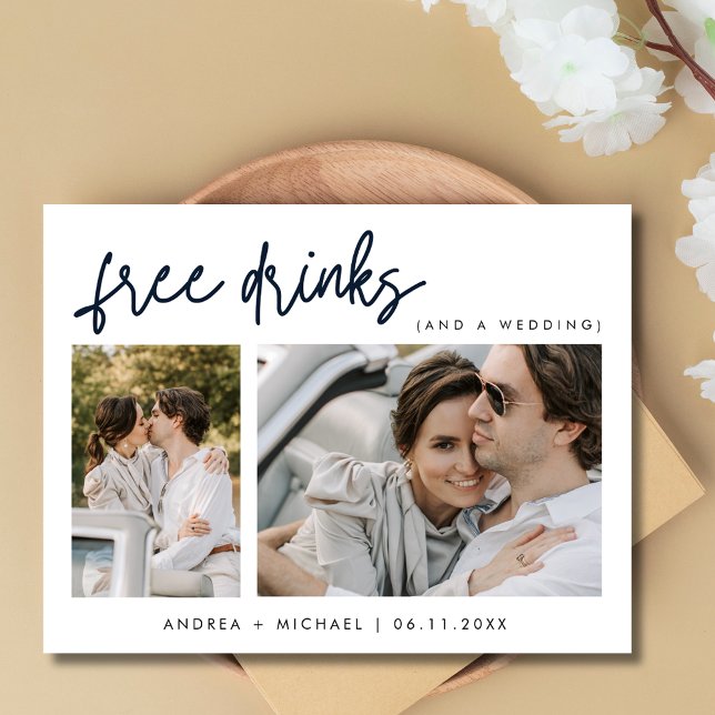 Carte Postale Faire-part Mariage Économisez la Date avec Boissons Gratuites (Funny Free Drinks Two Photo Wedding Save the Date Postcard)