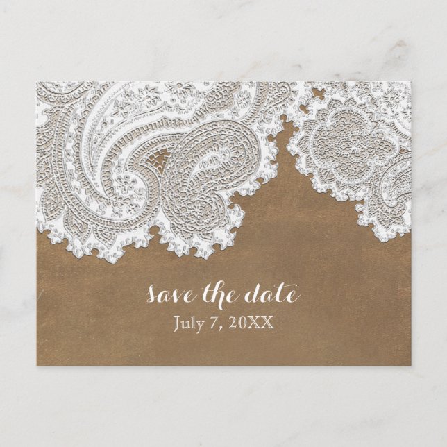 Carte Postale Faire-part Mariage élégant chic rustique marron et dentelle b (Devant)