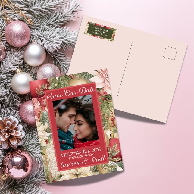 Carte Postale Faire-part Mariage élégant de photo romantique de Noël (Stylish Christmas Wedding Save the Date postcard with elegant layout
)