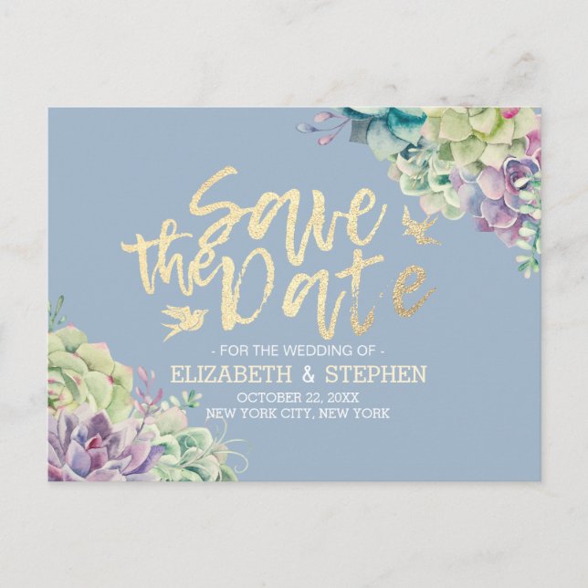 Carte Postale Faire-part Mariage Enregistrer La Date Aquarelle Plantes Succ (Devant)