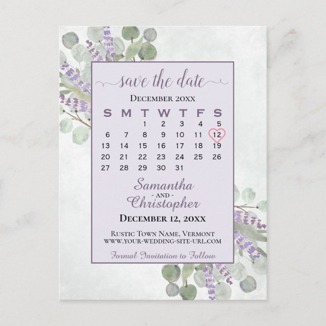 Carte Postale Faire-part Mariage Enregistrer la date Calendrier Eucalyptus  (Devant)