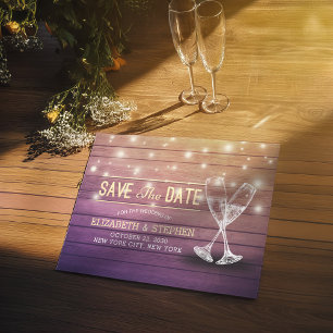 Carte Postale Faire-part Mariage Enregistrer La Date Champagne Verres Bois 