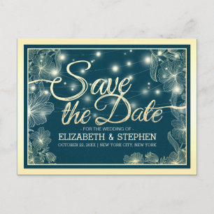 Carte Postale Faire-part Mariage Enregistrer La Date Chic Blue Gold Flowers