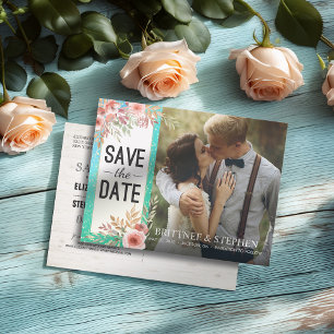 Carte Postale Faire-part Mariage Enregistrer La Date Photo Floral Turquoise