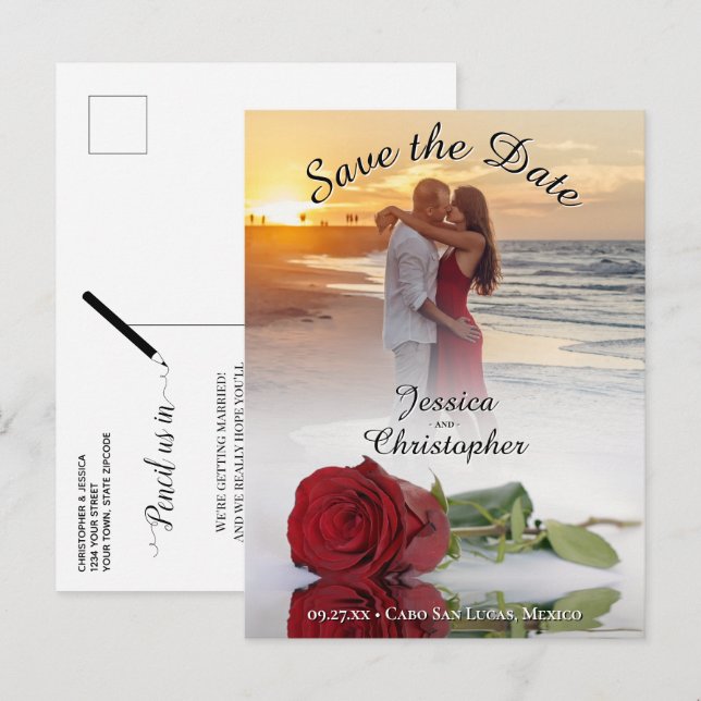 Carte Postale Faire-part Mariage Enregistrer la date Rose rouge Photo Overl (Devant / Derrière)