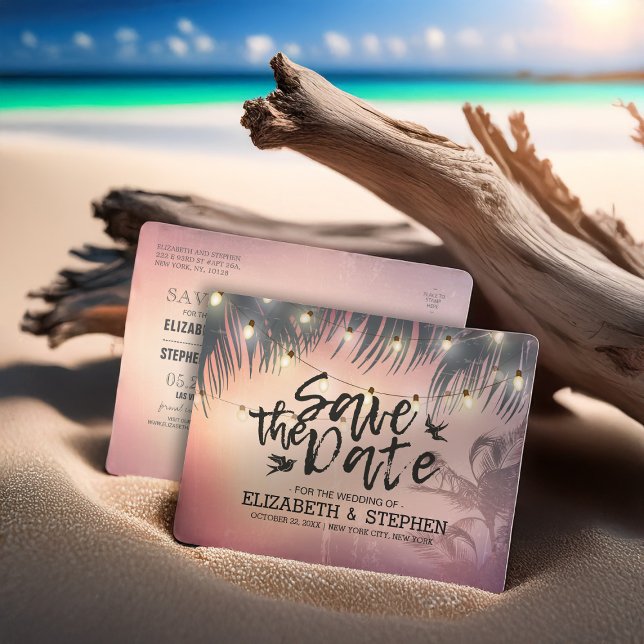 Carte Postale Faire-part Mariage Enregistrer La Date Summer Beach Palm Tree (Créateur téléchargé)