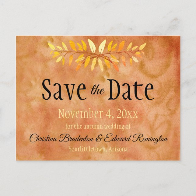 Carte Postale Faire-part Mariage Épargnez La Date Minimal Feuilles D'automn (Devant)