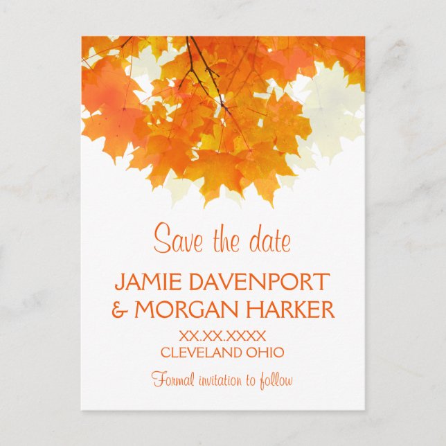 Carte Postale Faire-part Mariage Feuilles d'Érable d'Automne Enregistrez la (Devant)