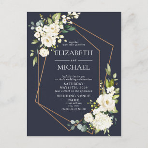 Carte Postale Faire-part Mariage floral blanc blanc bleu cuivré géométrique