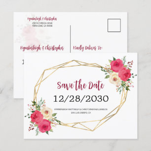 Carte Postale Faire-part Mariage floral bordeaux géométrique Enregistrer la
