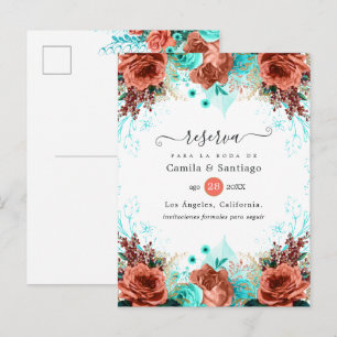 Carte Postale Faire-part Mariage floral corail et turquoise espagnol