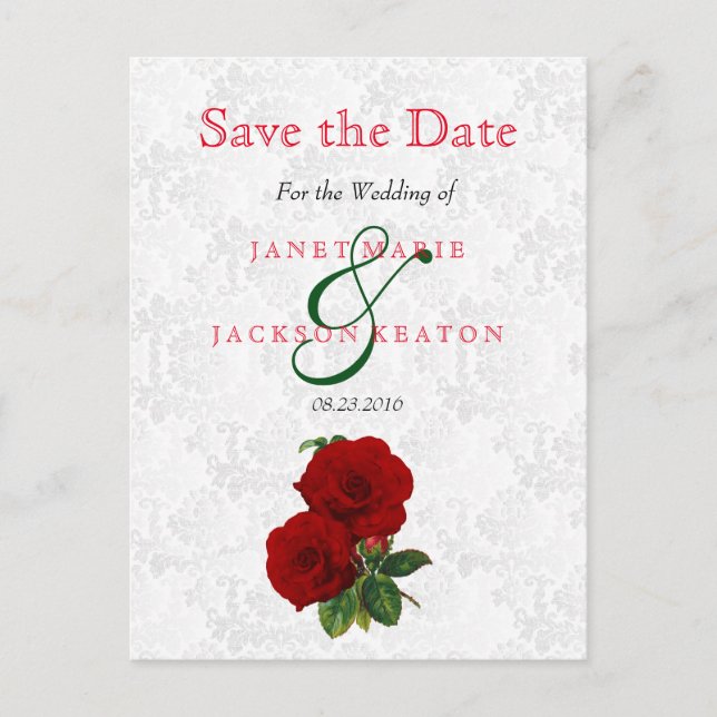 Carte Postale Faire-part Mariage Floral Rose Rouge Profond - Sauvegarder La (Devant)