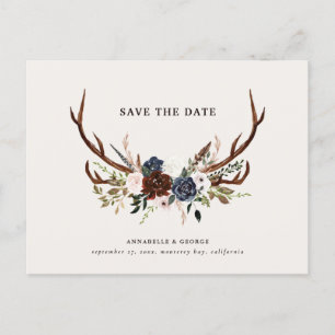 Carte Postale Faire-part Mariage floral rustique bois de cerf écriture bleu