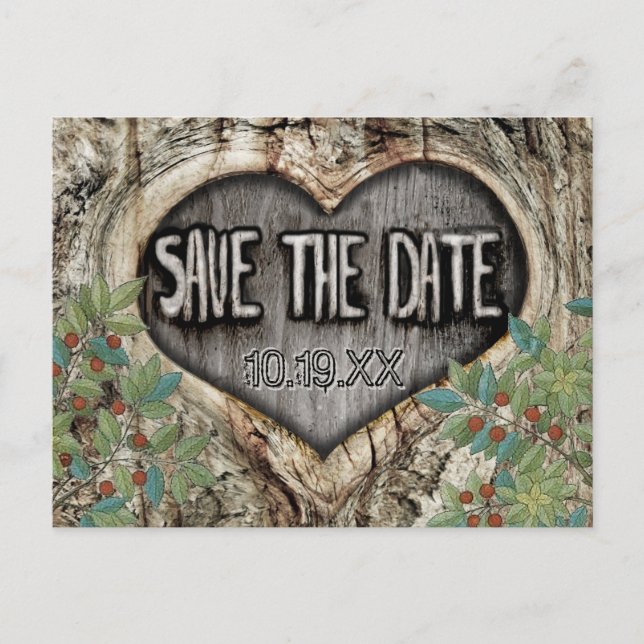 Carte Postale Faire-part Mariage forestier Coeur rustique dans l'arbre Enre (Devant)