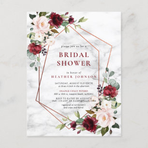 Carte Postale Faire-part Mariage géométrique cuivre Marbre bordeaux Douche