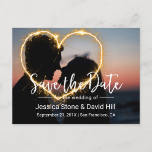 Carte Postale Faire-part Mariage Heart Sparkler Photo Enregistrer la date