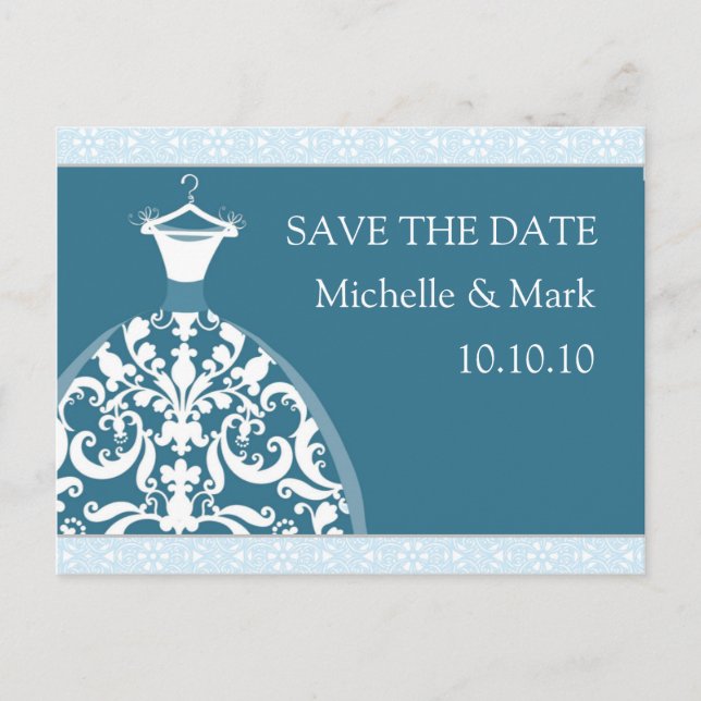 Carte Postale Faire-part Mariage mariée Enregistrer la date harmonie bleue (Devant)