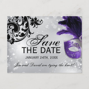 Carte Postale Faire-part Mariage mascarade violet Enregistrer la date