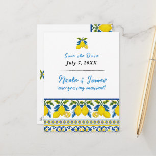 Carte Postale Faire-part Mariage méditerranéen à l'aquarelle jaune bleu cit