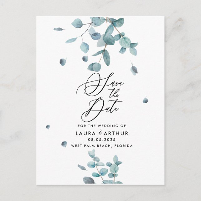 Carte Postale Faire-part Mariage moderne des Eucalyptus Bleus Sauvez la dat (Devant)