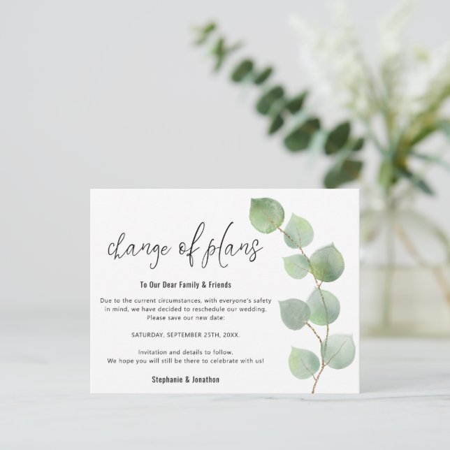 Carte Postale Faire-part Mariage Modification de date Script Eucalyptus (Debout devant)
