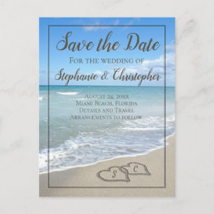 Carte Postale Faire-part Mariage Monogramme Coeurs dans le Sable Enregistre