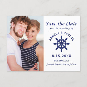 Carte Postale Faire-part Mariage Nautical Captain's Wheel Photo Navy Bleu