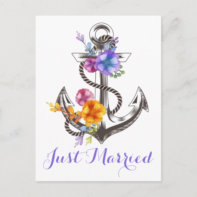 Carte Postale Faire-part Mariage nautique Ancre Violet Mariés Plage (Devant)