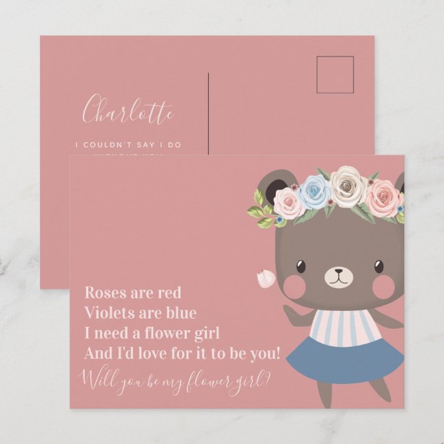 Carte Postale Faire-part Mariage Ourson Mignon Demoiselle d'Honneur Proposi (Devant / Derrière)