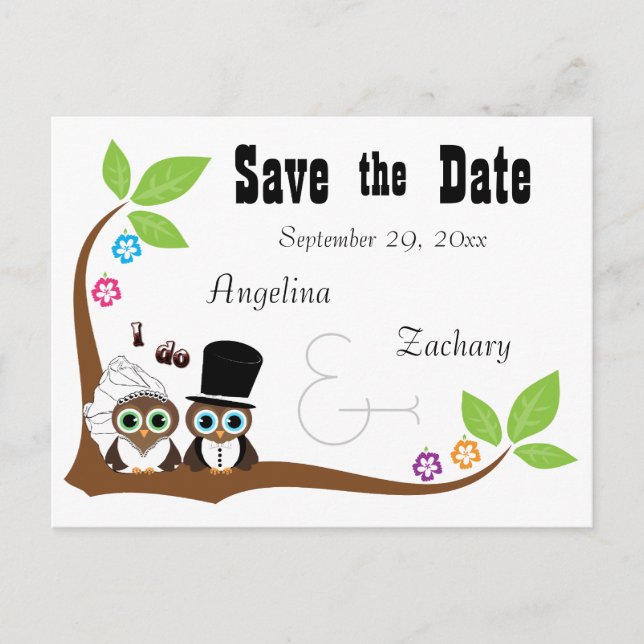 Carte Postale Faire-part Mariage Owl Bride Et Groom Enregistrer La Date (Devant)
