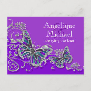 Carte Postale Faire-part Mariage papillon bleu argent pourpre