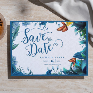 Carte Postale Faire-part Mariage papillon de feuillage aquarelle bleu vert