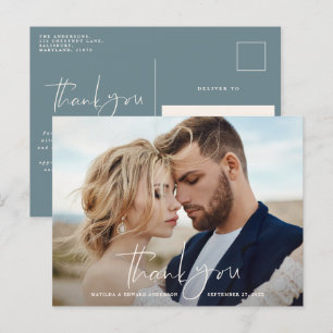 Carte Postale Faire-part Mariage photo de script merci moderne minimal bleu