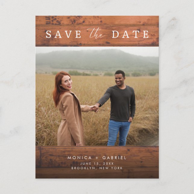 Carte Postale Faire-part Mariage photo en bois rustique Enregistrer la date (Devant)