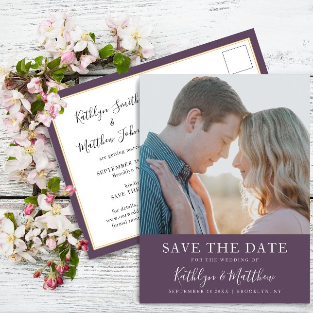 Carte Postale Faire-part Mariage photo simple typographie moderne mauve (Créateur téléchargé)