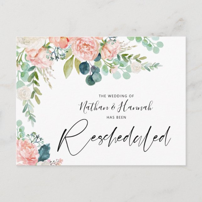 Carte Postale Faire-part Mariage Reprogrammé Floral Rose Pâle Date Changée (Devant)