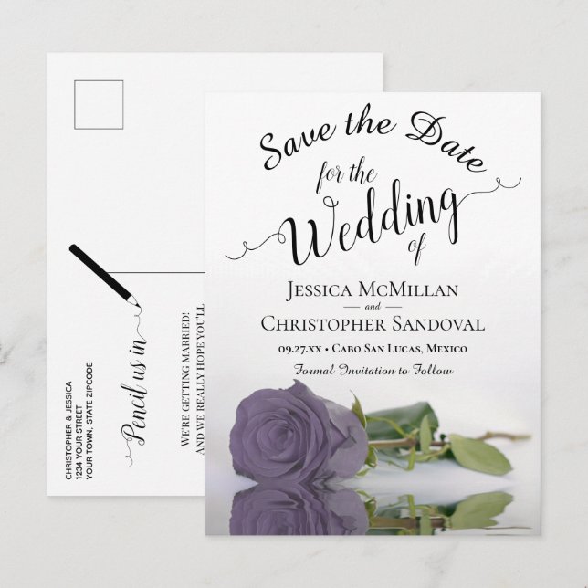 Carte Postale Faire-part Mariage romantique Dusty Purple Rose Enregistrer l (Devant / Derrière)