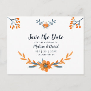 Carte Postale Faire-part Mariage romantique floral aquarelle bleu orange