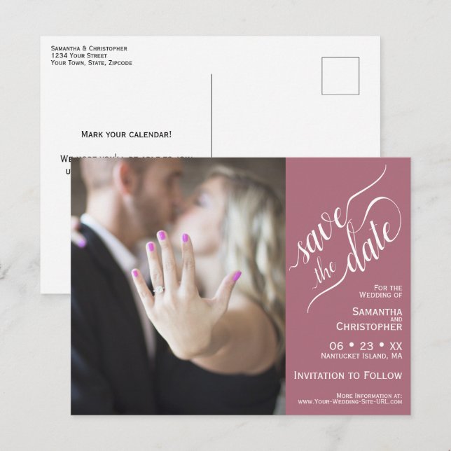 Carte Postale Faire-part Mariage Rose Dusty Enregistrer la date Photo Calli (Devant / Derrière)