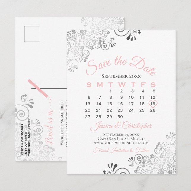 Carte Postale Faire-part Mariage rose, gris et blanc Enregistrer le calendr (Devant / Derrière)