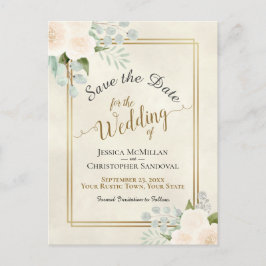 Carte Postale Faire-part Mariage Roses Blanches et Eucalyptus Enregistrez l