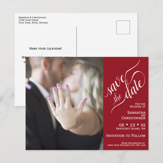 Carte Postale Faire-part Mariage rouge Enregistrer la date Photo & Calligra (Devant / Derrière)