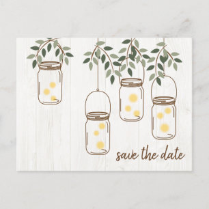 Carte Postale Faire-part Mariage rustique au pot Mason et lucioles