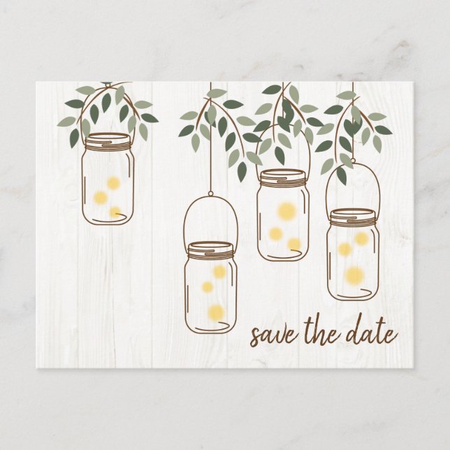 Carte Postale Faire-part Mariage rustique avec pot Mason et lucioles (Devant)