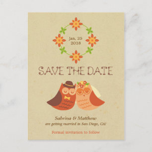 Carte Postale Faire-part Mariage Rustique Boho Tourtereaux Hibou Couple