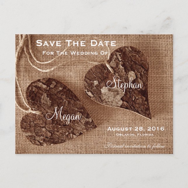 Carte Postale Faire-part Mariage Rustique en bois Coeurs SaveTheDate Postca (Devant)