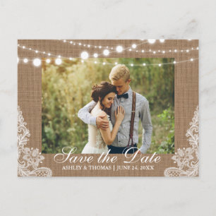 Carte Postale Faire-part Mariage Rustique Lumières de Burlap Dentelle Éparg