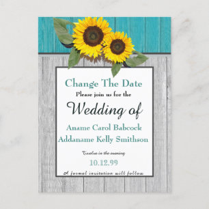 Carte Postale Faire-part Mariage Rustique Tournesol Gris Sarcelle Bois Chic